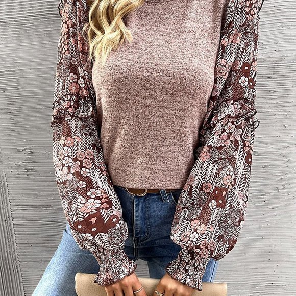 Coffee Brown Casual Womens Floral Print Lantern Sleeve Ruffle Trim Top - Picture 3 of 5